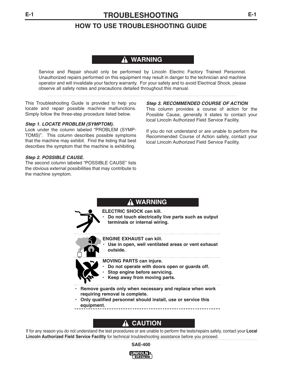 Troubleshooting, Caution warning, How to use troubleshooting guide | Warning | Lincoln Electric IM869 SAE400 User Manual | Page 24 / 38