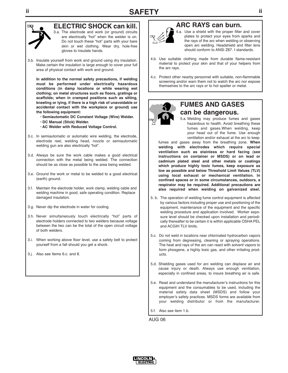 Safety, Arc rays can burn, Electric shock can kill | Fumes and gases can be dangerous | Lincoln Electric IM869 SAE400 User Manual | Page 3 / 38