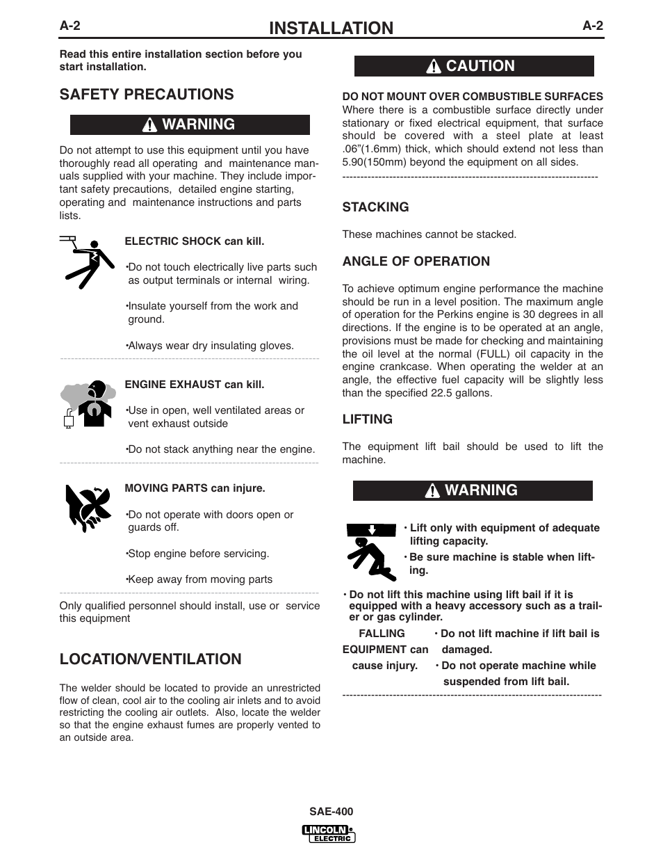 Installation, Safety precautions, Location/ventilation | Warning, Warning caution | Lincoln Electric IM869 SAE400 User Manual | Page 9 / 38
