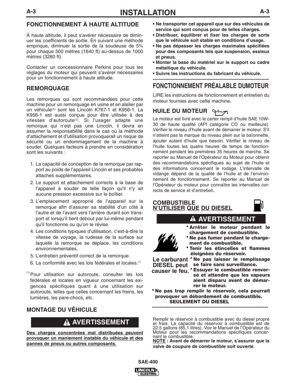 Installation, Fonctionnement préalable dumoteur, Avertissement | Lincoln Electric IM869 SAE400 User Manual | Page 10 / 34