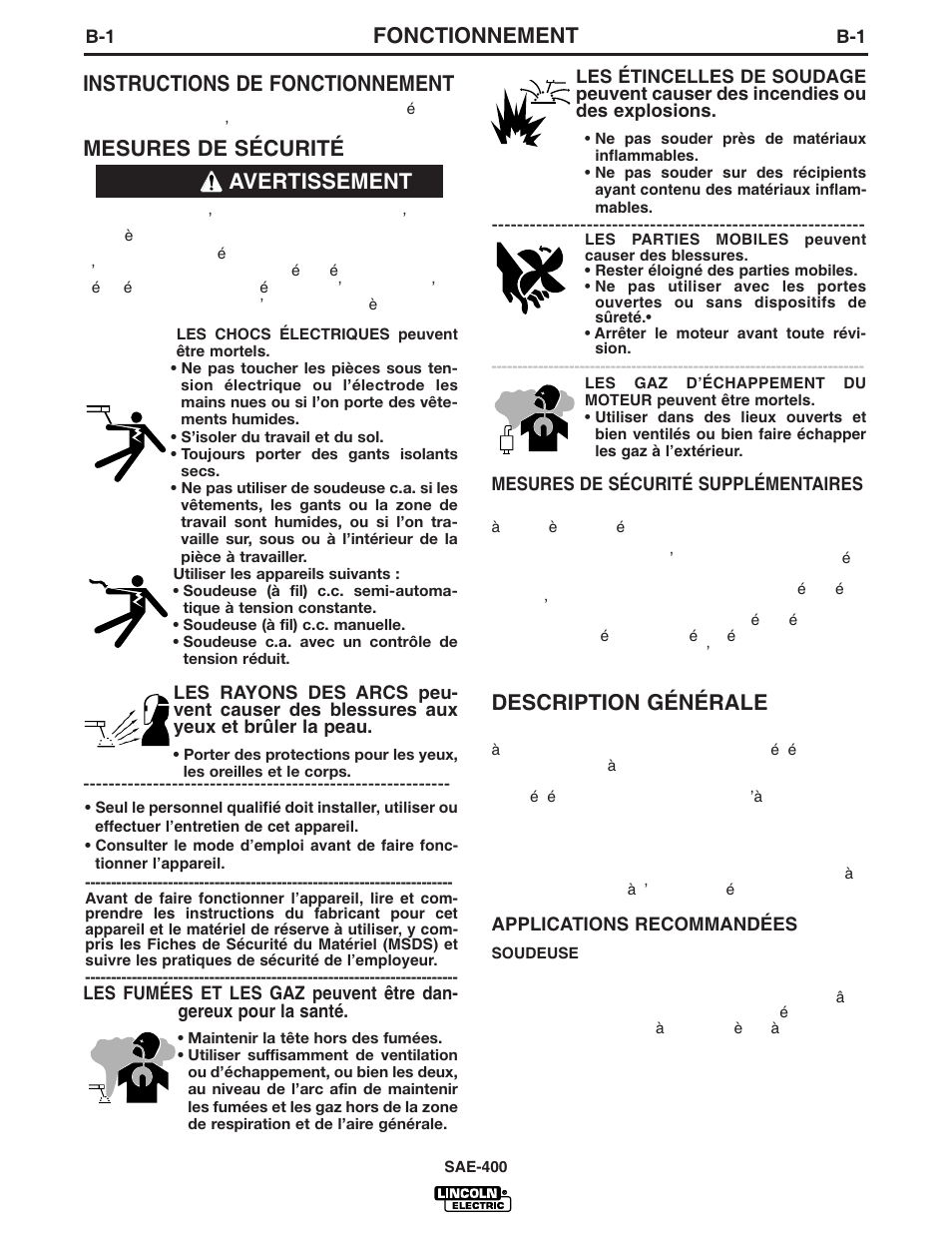 Fonctionnement, Description générale, Instructions de fonctionnement | Mesures de sécurité, Avertissement | Lincoln Electric IM869 SAE400 User Manual | Page 13 / 34