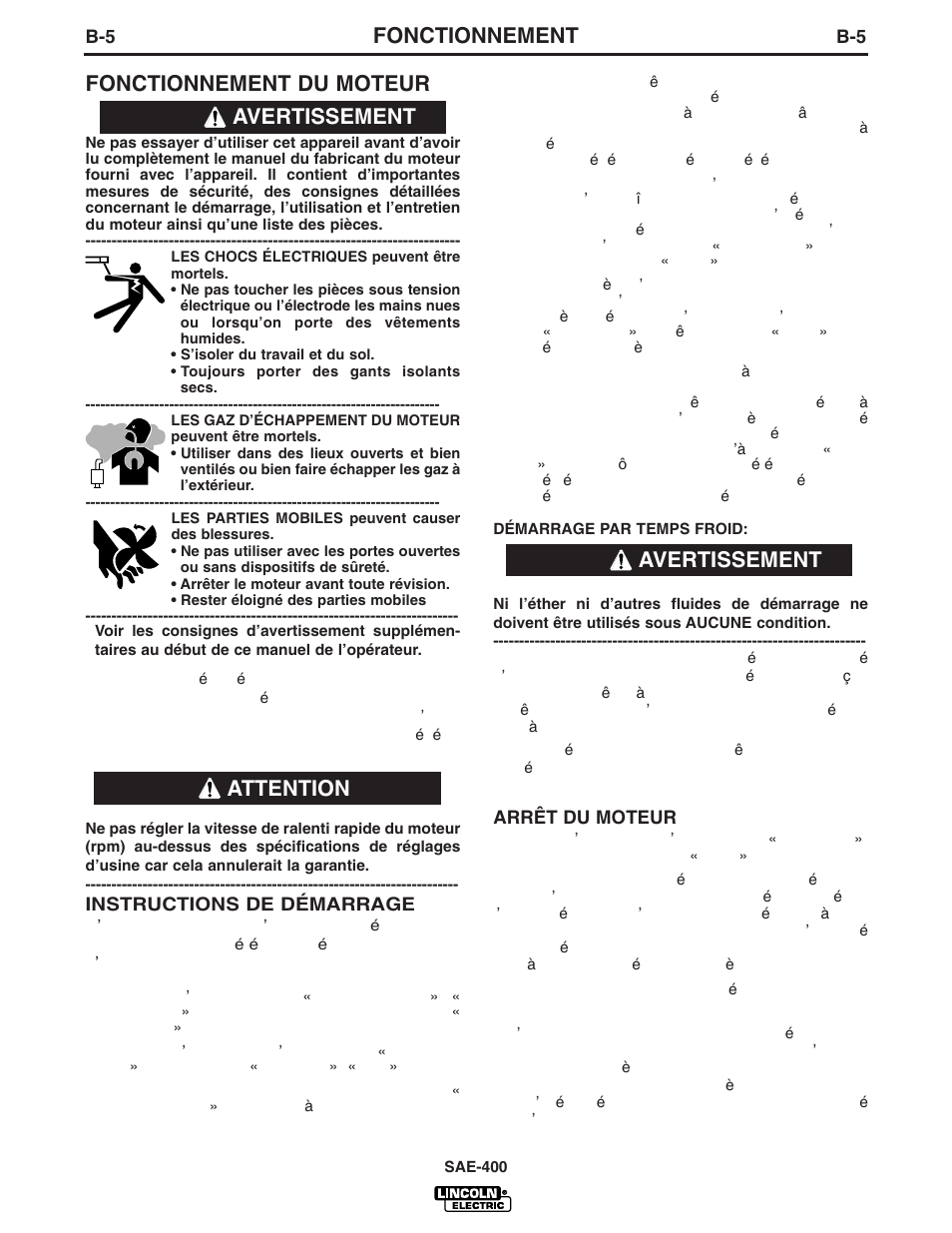 Fonctionnement, Fonctionnement du moteur, Avertissement attention | Avertissement | Lincoln Electric IM869 SAE400 User Manual | Page 17 / 34