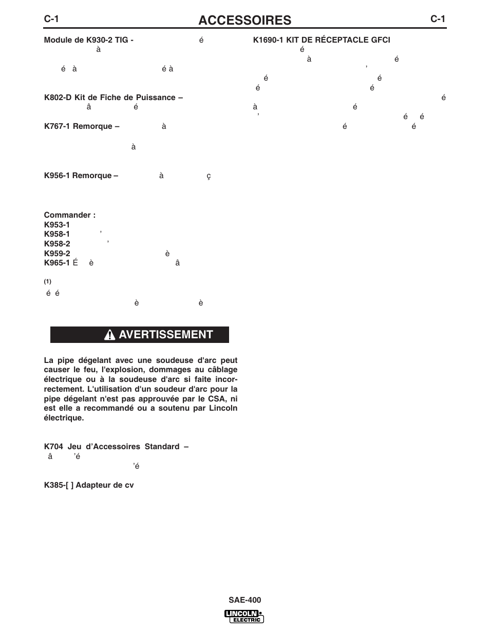 Accessoires, Avertissement | Lincoln Electric IM869 SAE400 User Manual | Page 19 / 34