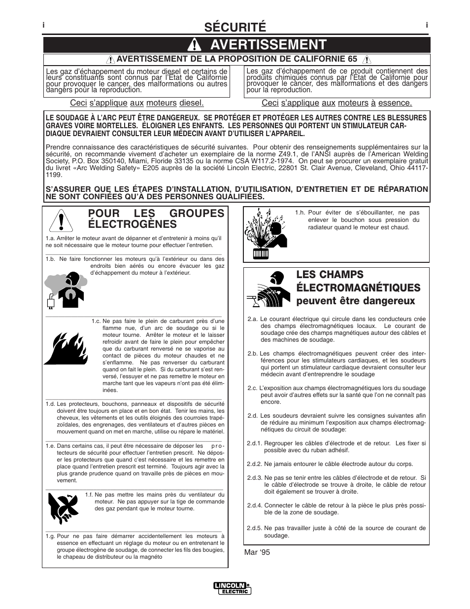 Avertissement, Sécurité, Pour les groupes électrogènes | Lincoln Electric IM869 SAE400 User Manual | Page 2 / 34