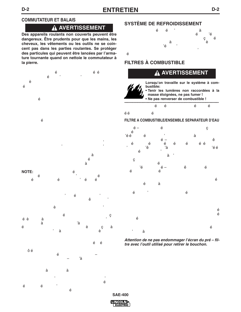 Entretien, Avertissement | Lincoln Electric IM869 SAE400 User Manual | Page 21 / 34