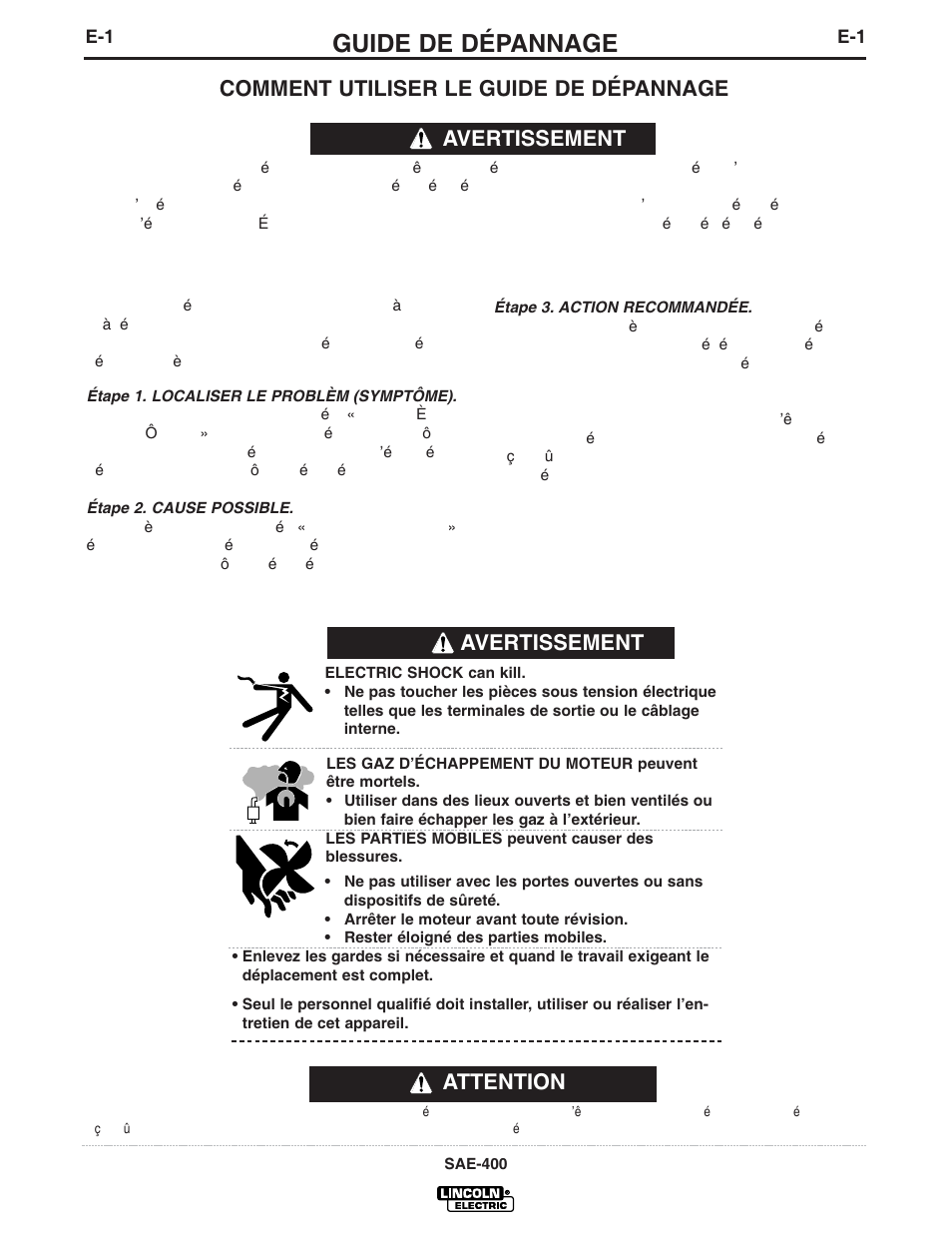 Guide de dépannage, Attention avertissement, Comment utiliser le guide de dépannage | Avertissement | Lincoln Electric IM869 SAE400 User Manual | Page 24 / 34