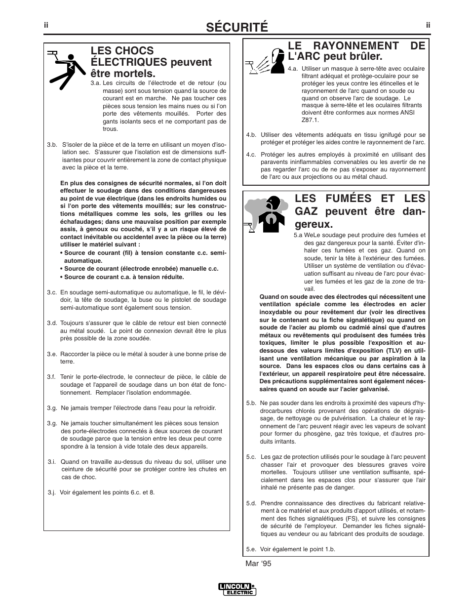 Sécurité, Le rayonnement de l'arc peut brûler, Les chocs électriques peuvent être mortels | Les fumées et les gaz peuvent être dan- gereux | Lincoln Electric IM869 SAE400 User Manual | Page 3 / 34