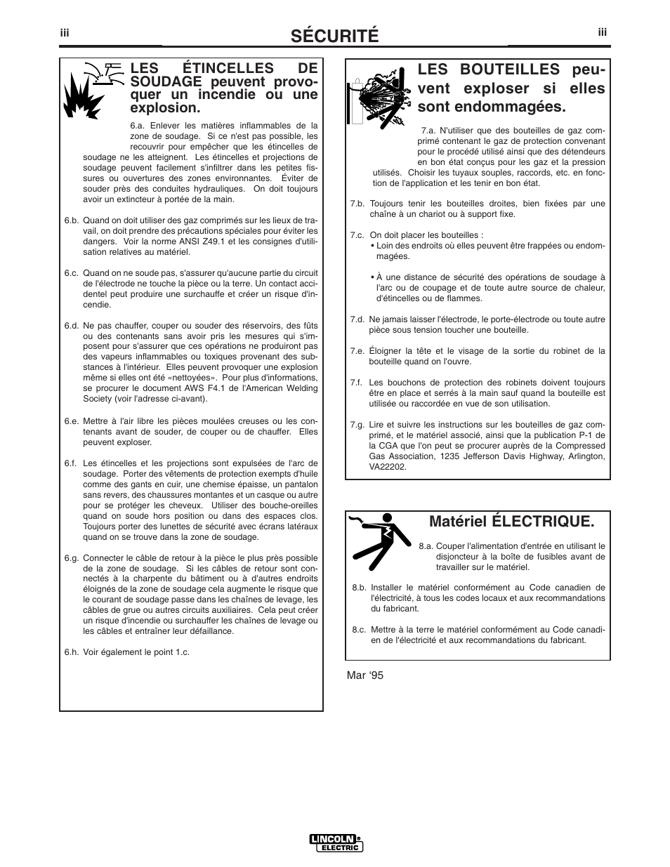 Sécurité, Matériel électrique | Lincoln Electric IM869 SAE400 User Manual | Page 4 / 34