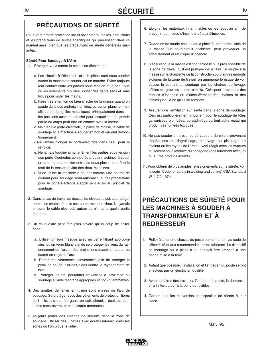 Sécurité, Précautions de sûreté | Lincoln Electric IM869 SAE400 User Manual | Page 5 / 34