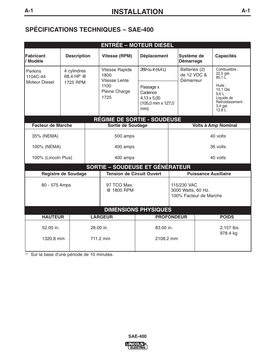 Installation, Spécifications techniques – sae-400 | Lincoln Electric IM869 SAE400 User Manual | Page 8 / 34