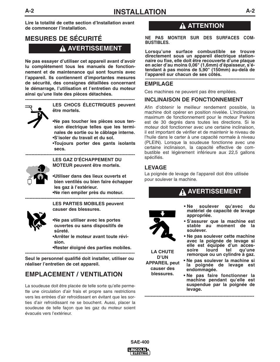 Installation, Mesures de sécurité, Emplacement / ventilation | Avertissement attention, Avertissement | Lincoln Electric IM869 SAE400 User Manual | Page 9 / 34