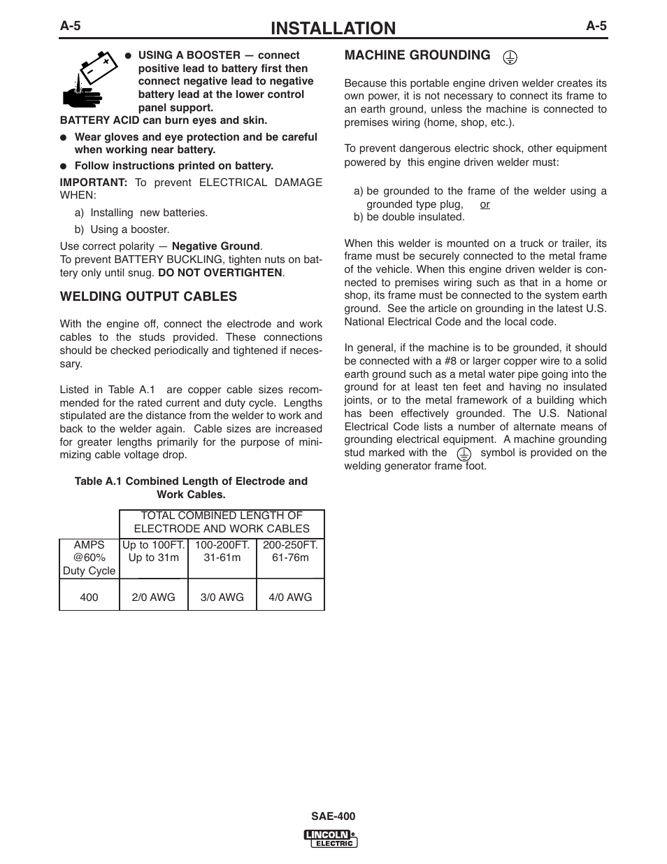 Installation | Lincoln Electric IM949 SAE400 User Manual | Page 12 / 33