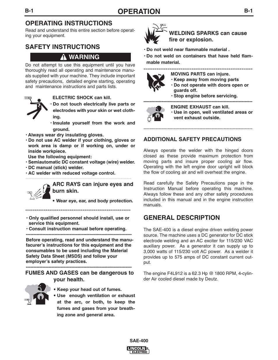 Operation, General description, Operating instructions | Safety instructions, Warning | Lincoln Electric IM949 SAE400 User Manual | Page 13 / 33