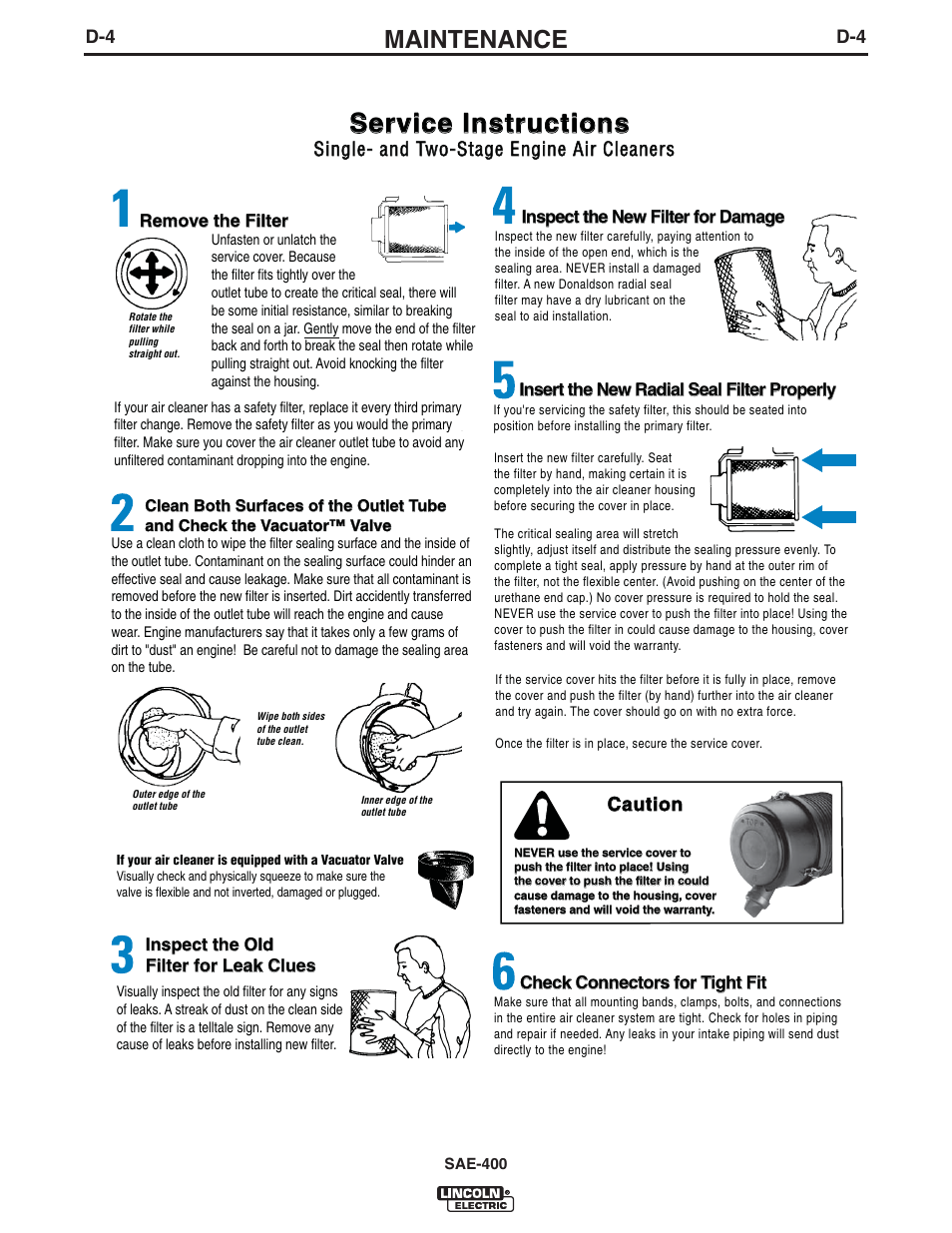 Service instructions, Maintenance, Caution | Single- and two-stage engine air cleaners | Lincoln Electric IM949 SAE400 User Manual | Page 23 / 33