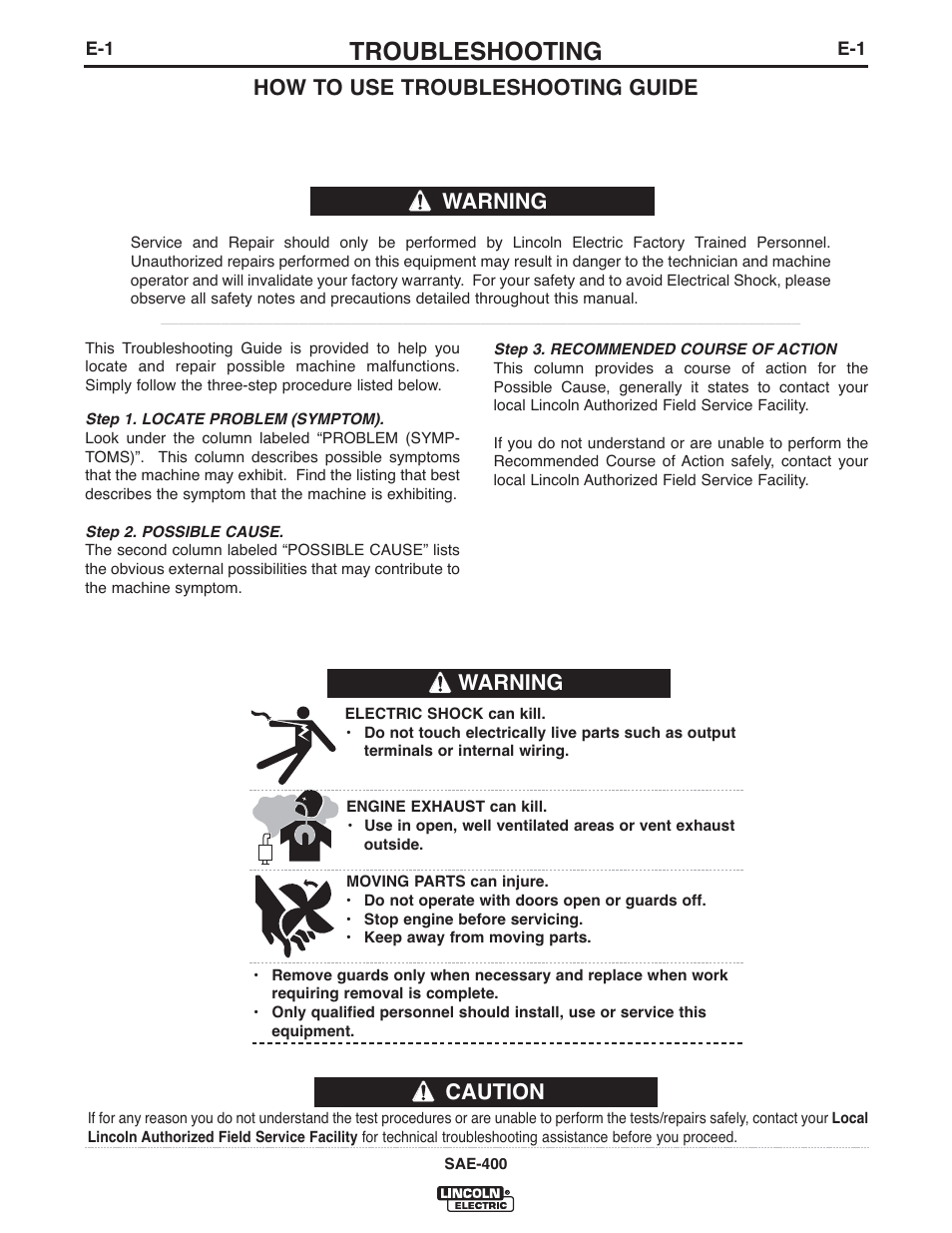 Troubleshooting, Caution warning, How to use troubleshooting guide | Warning | Lincoln Electric IM949 SAE400 User Manual | Page 24 / 33