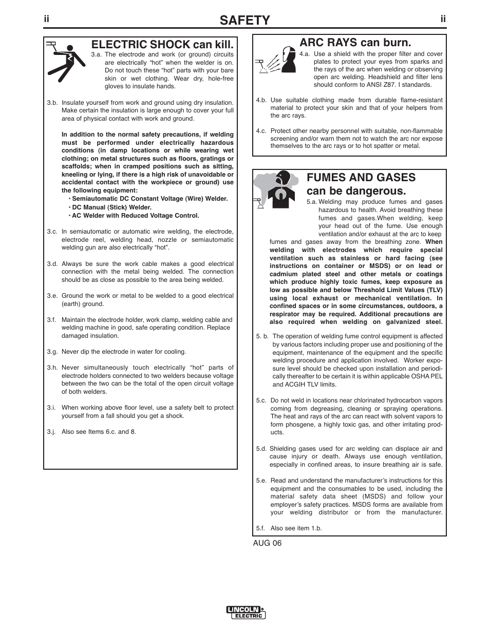 Safety, Arc rays can burn, Electric shock can kill | Fumes and gases can be dangerous | Lincoln Electric IM949 SAE400 User Manual | Page 3 / 33