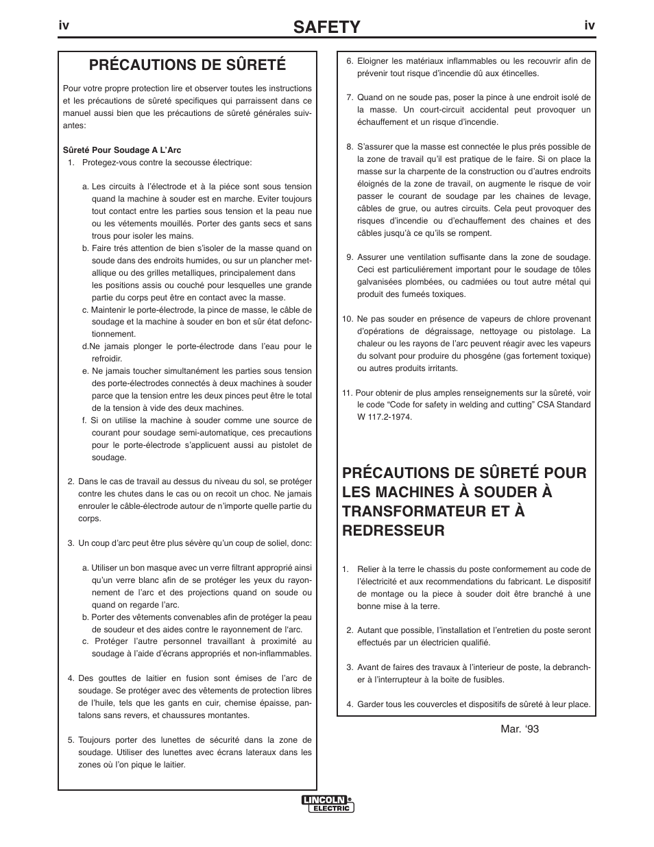 Safety, Précautions de sûreté | Lincoln Electric IM949 SAE400 User Manual | Page 5 / 33