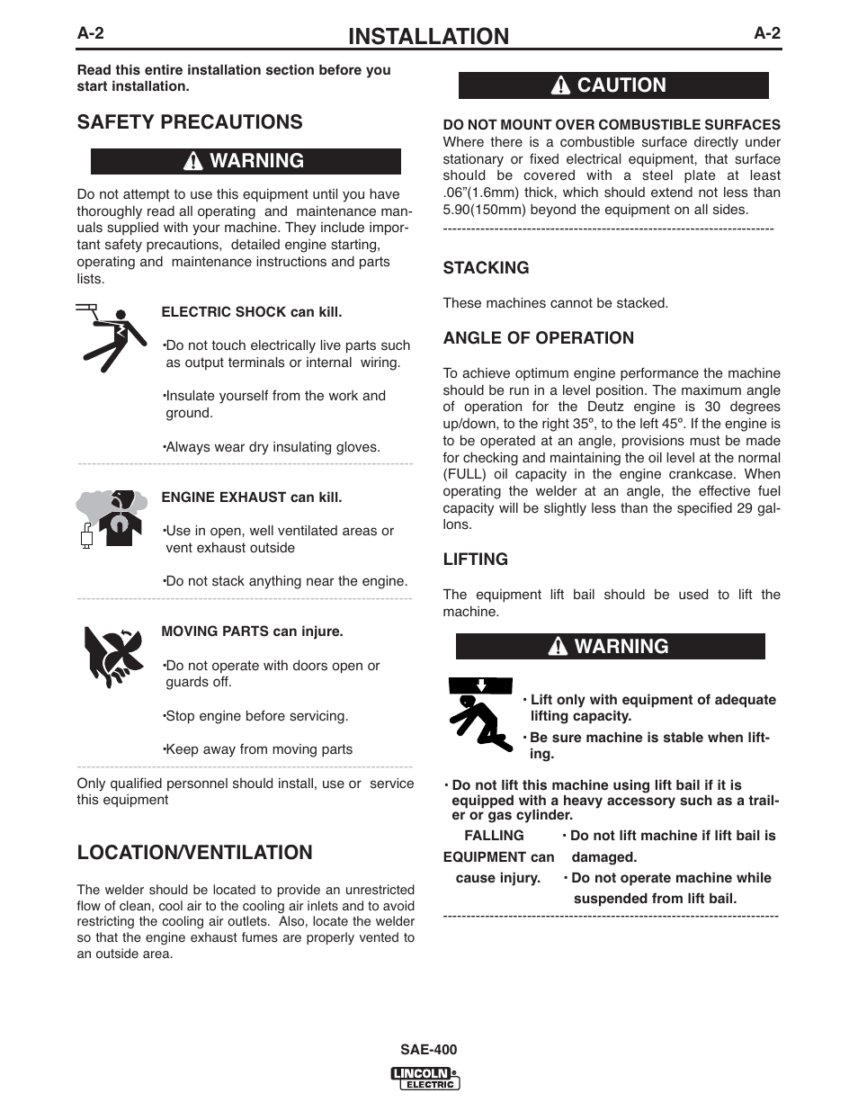 Installation, Safety precautions, Location/ventilation | Warning, Warning caution | Lincoln Electric IM949 SAE400 User Manual | Page 9 / 33