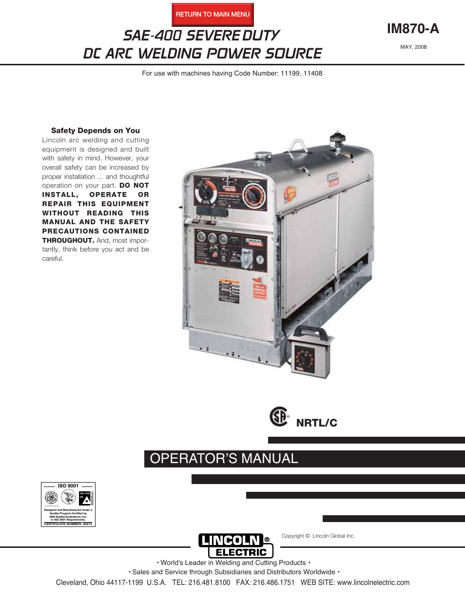 Lincoln Electric IM870 SAE400 SEVERE DUTY User Manual | 34 pages