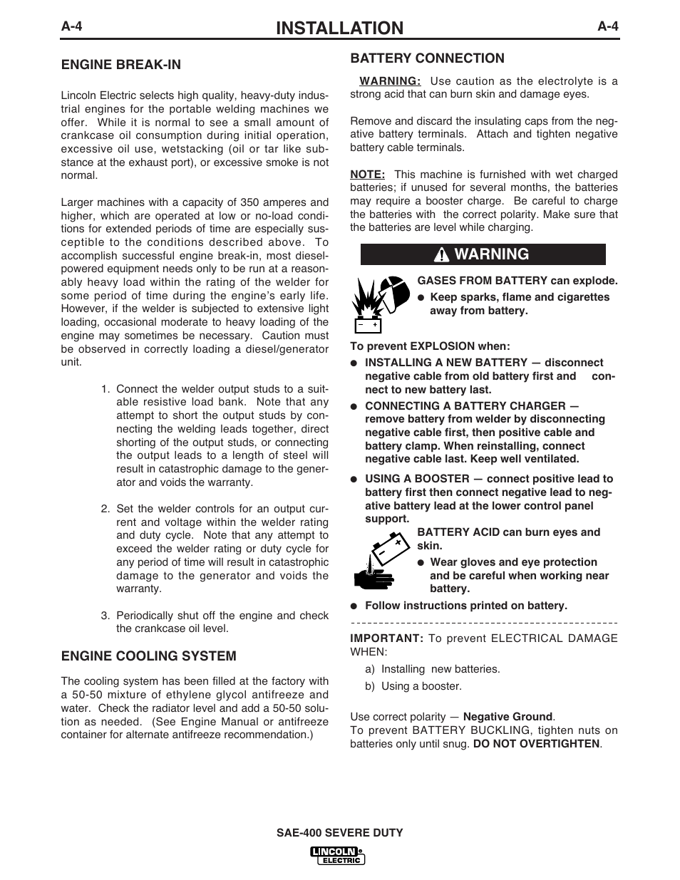 Installation, Warning | Lincoln Electric IM870 SAE400 SEVERE DUTY User Manual | Page 11 / 34