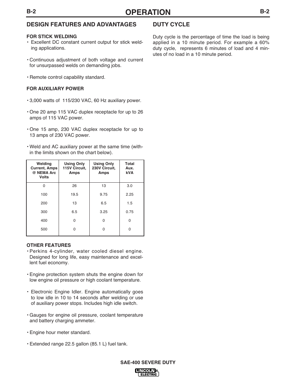 Operation, B-2 design features and advantages, Duty cycle | Lincoln Electric IM870 SAE400 SEVERE DUTY User Manual | Page 14 / 34