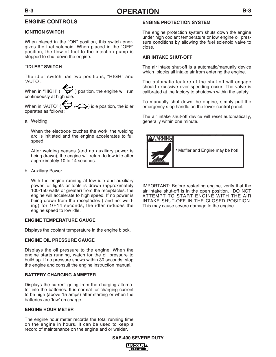 Operation, Warning | Lincoln Electric IM870 SAE400 SEVERE DUTY User Manual | Page 15 / 34