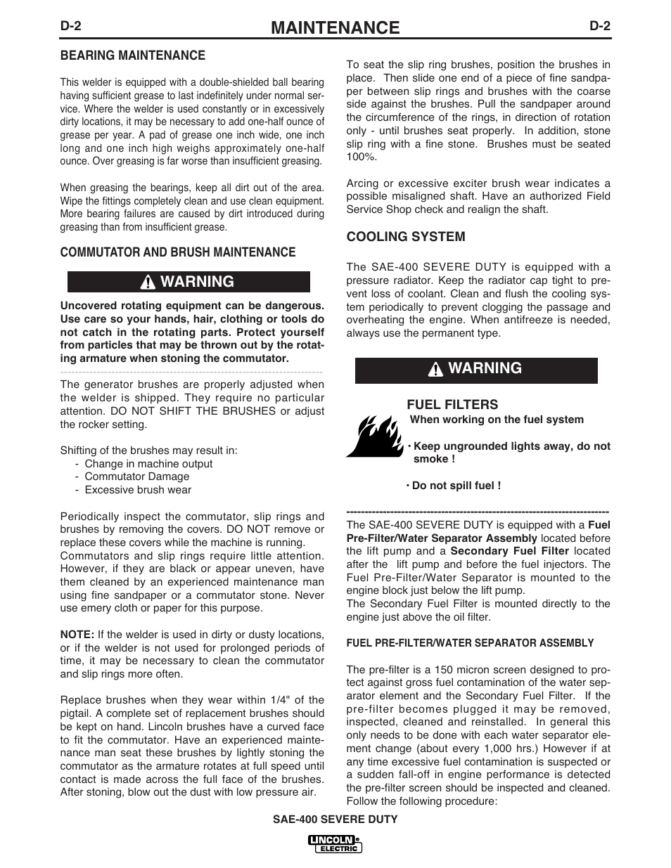 Maintenance, Warning | Lincoln Electric IM870 SAE400 SEVERE DUTY User Manual | Page 21 / 34