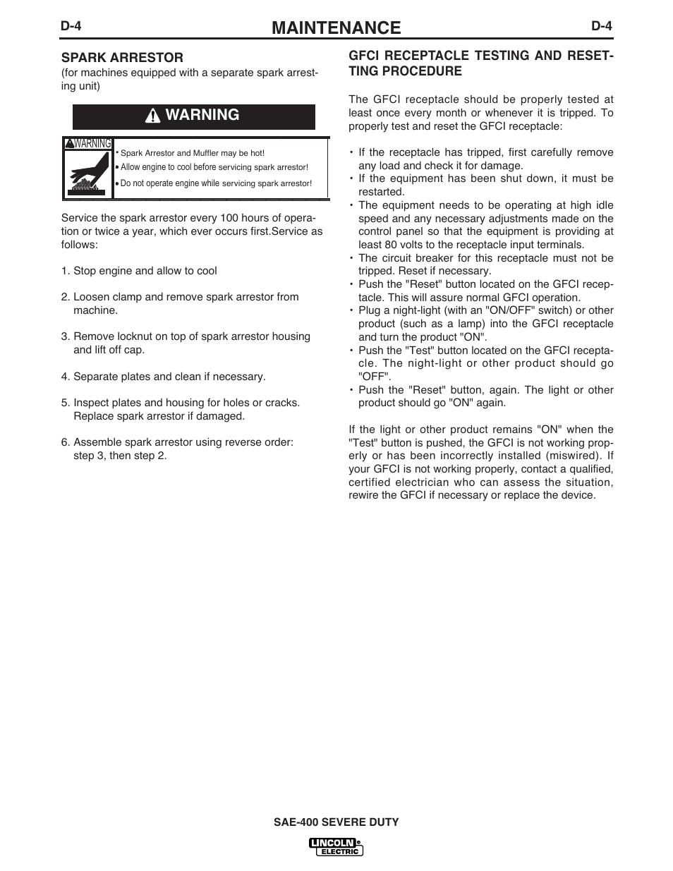 Maintenance, Warning | Lincoln Electric IM870 SAE400 SEVERE DUTY User Manual | Page 23 / 34