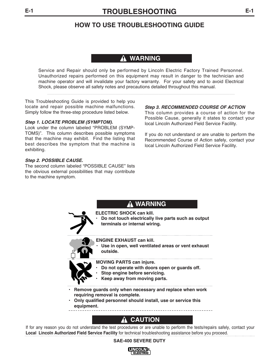 Troubleshooting, Caution warning, How to use troubleshooting guide | Warning | Lincoln Electric IM870 SAE400 SEVERE DUTY User Manual | Page 24 / 34