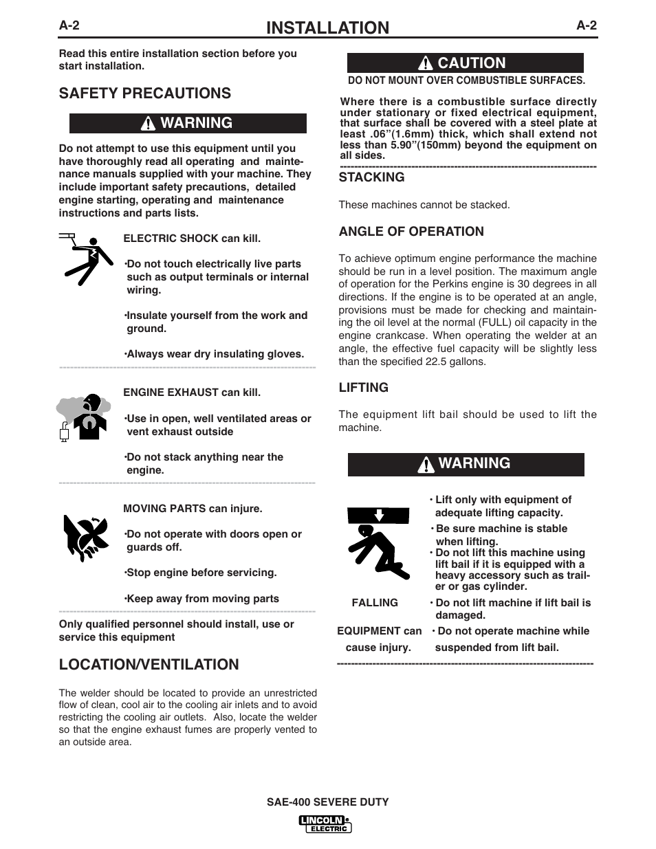 Installation, Safety precautions, Location/ventilation | Warning caution, Warning | Lincoln Electric IM870 SAE400 SEVERE DUTY User Manual | Page 9 / 34