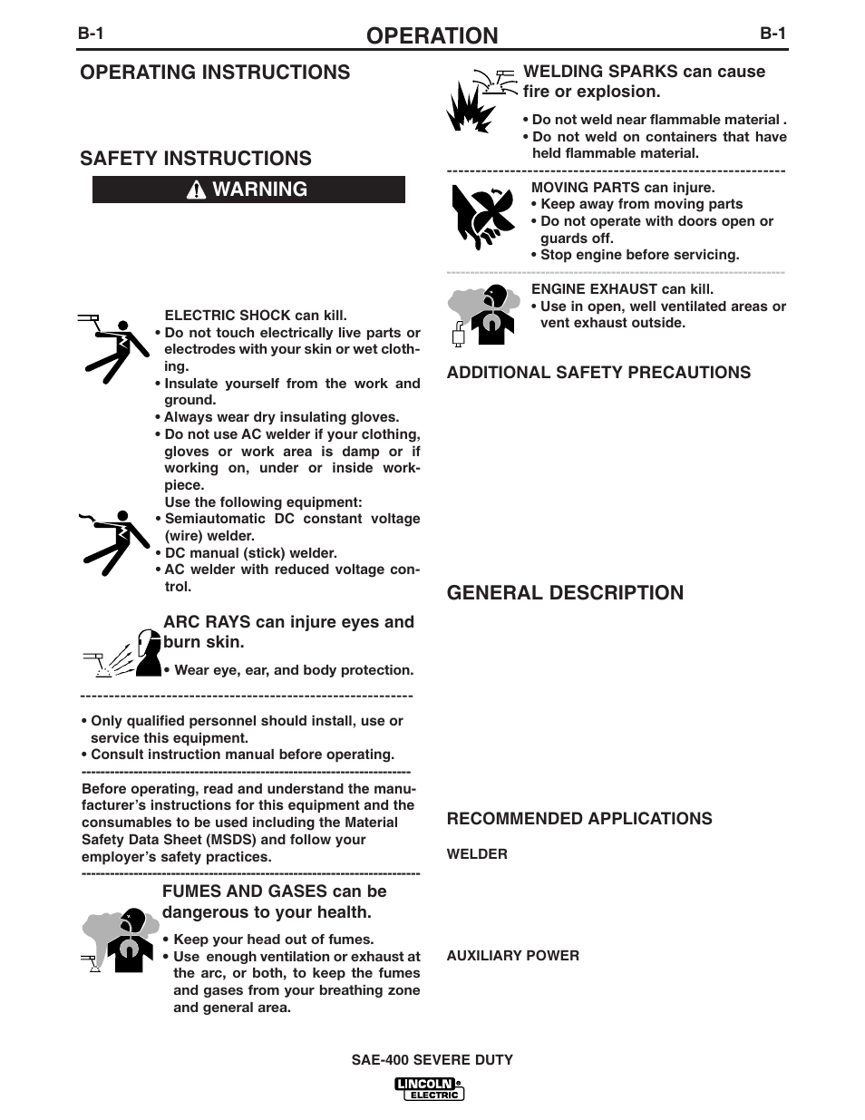 Operation, General description, Operating instructions | Safety instructions, Warning | Lincoln Electric IM727 SAE400 SEVERE DUTY User Manual | Page 13 / 33