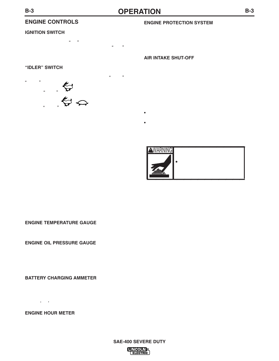 Operation, Warning | Lincoln Electric IM727 SAE400 SEVERE DUTY User Manual | Page 15 / 33