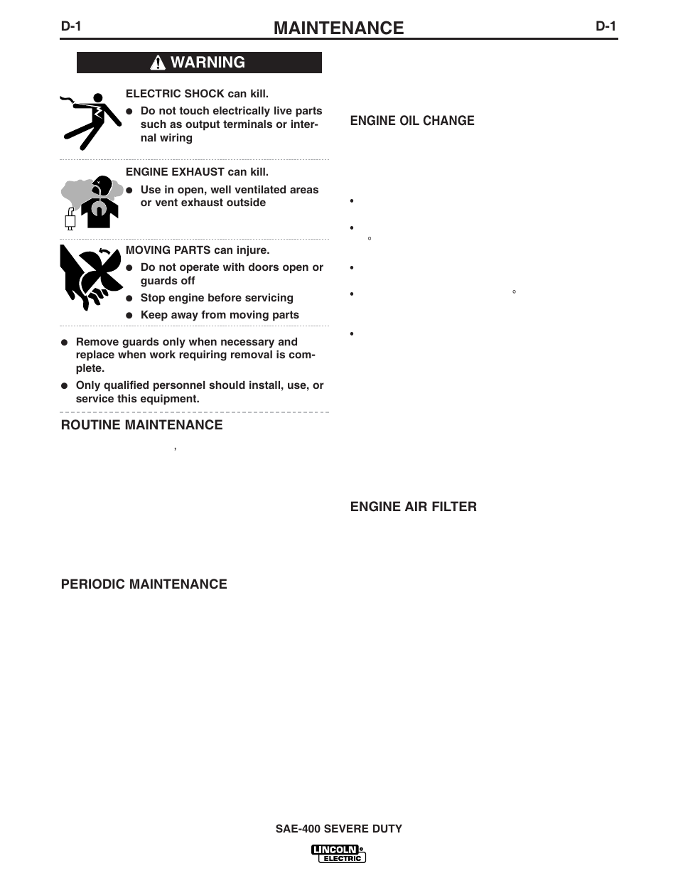 Maintenance, Warning | Lincoln Electric IM727 SAE400 SEVERE DUTY User Manual | Page 19 / 33