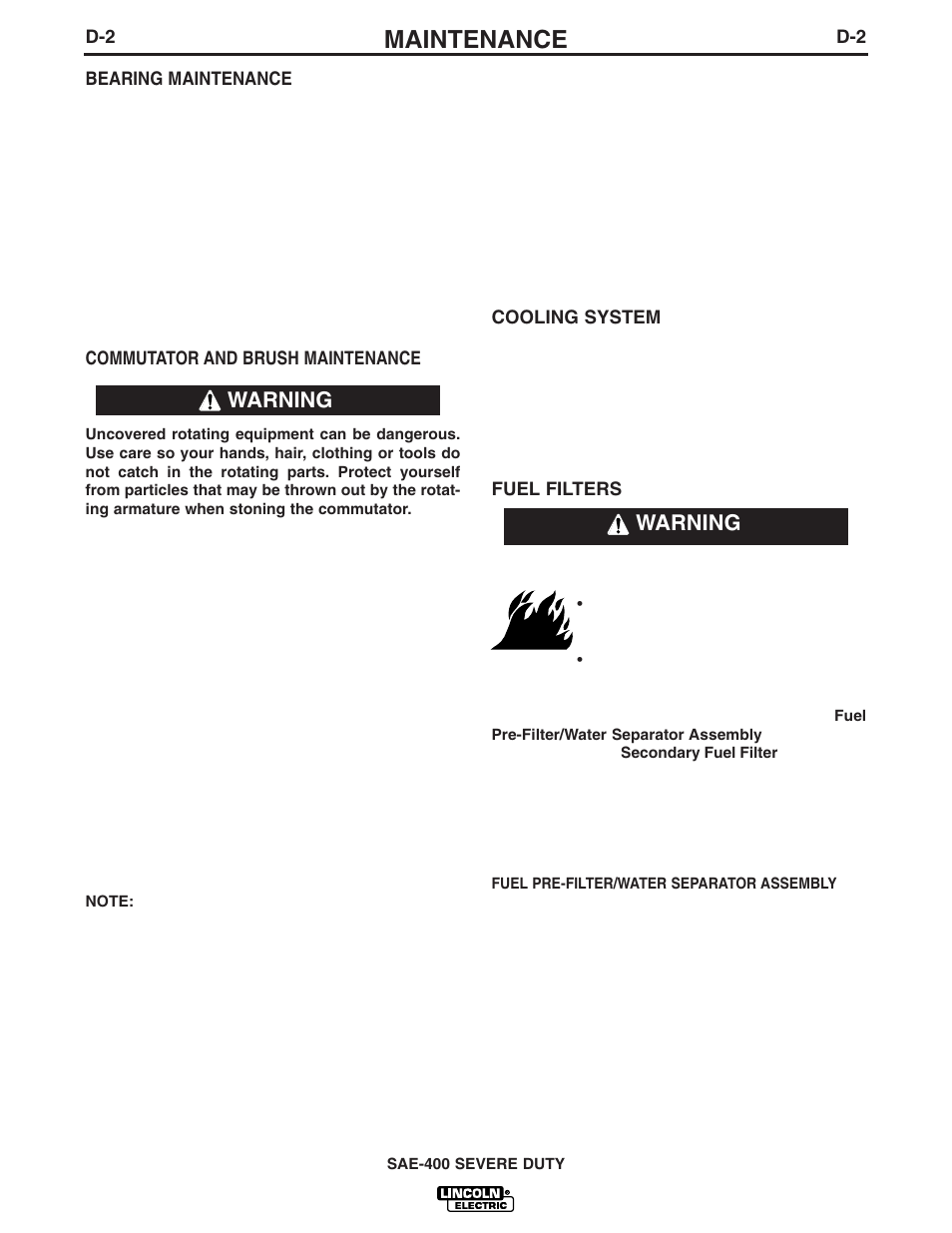 Maintenance, Warning | Lincoln Electric IM727 SAE400 SEVERE DUTY User Manual | Page 20 / 33