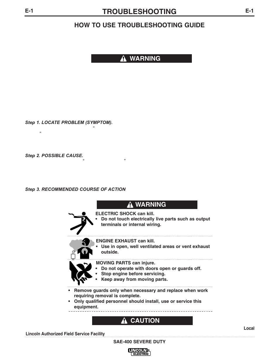 Troubleshooting, Caution warning, How to use troubleshooting guide | Warning | Lincoln Electric IM727 SAE400 SEVERE DUTY User Manual | Page 23 / 33