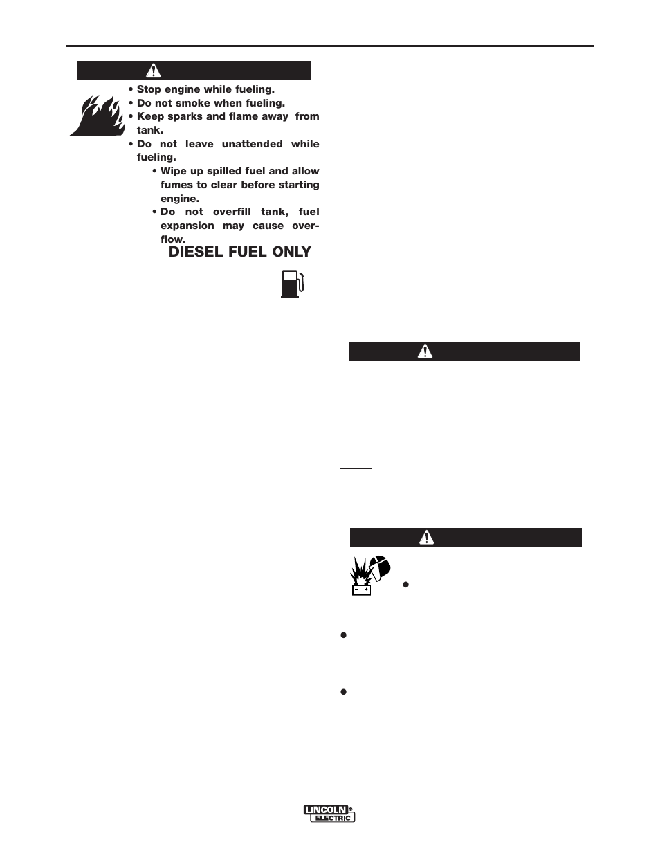 Installation, Diesel fuel only, Warning | Lincoln Electric IM988 SAE500 User Manual | Page 11 / 34