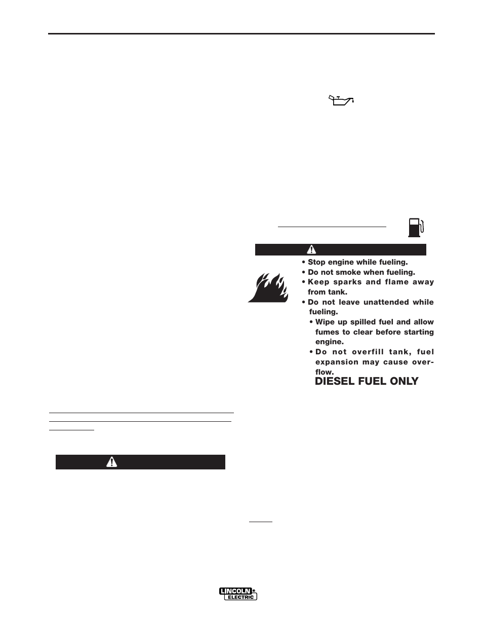 Installation, Pre-operation engine service, Warning | Diesel fuel only | Lincoln Electric IM968 SAE-500 SEVERE DUTY User Manual | Page 10 / 31