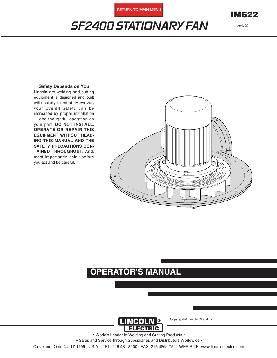 Lincoln Electric IM622 SF2400 STATIONARY FAN User Manual | 30 pages