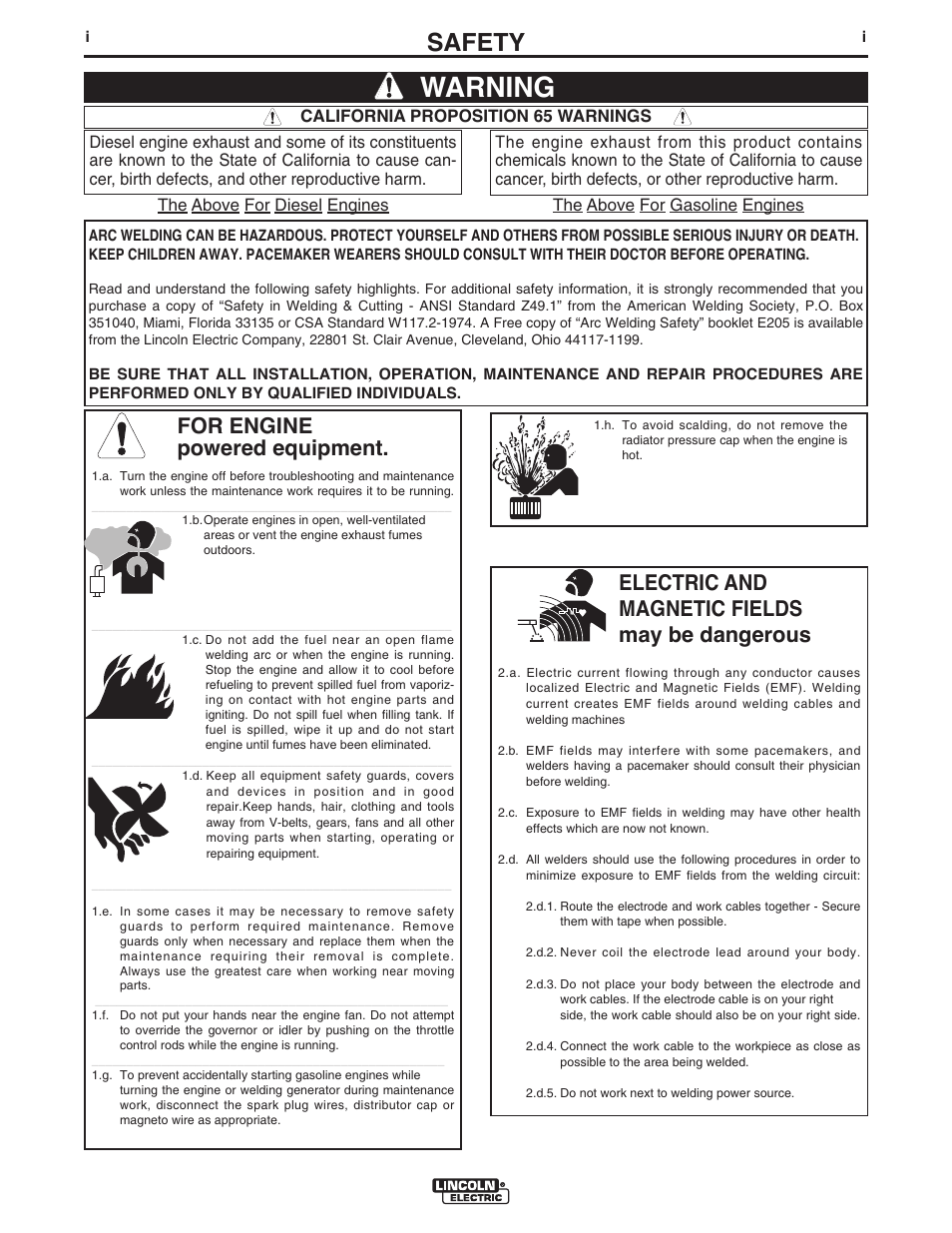Warning, Safety, For engine powered equipment | Electric and magnetic fields may be dangerous | Lincoln Electric IM622 SF2400 STATIONARY FAN User Manual | Page 2 / 30