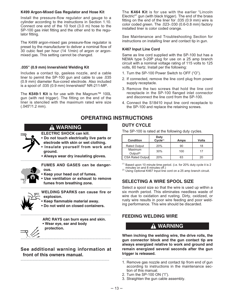 Operating instructions, Warning, Duty cycle | Selecting a wire spool size, Feeding welding wire | Lincoln Electric IM366 SP-100 User Manual | Page 13 / 31