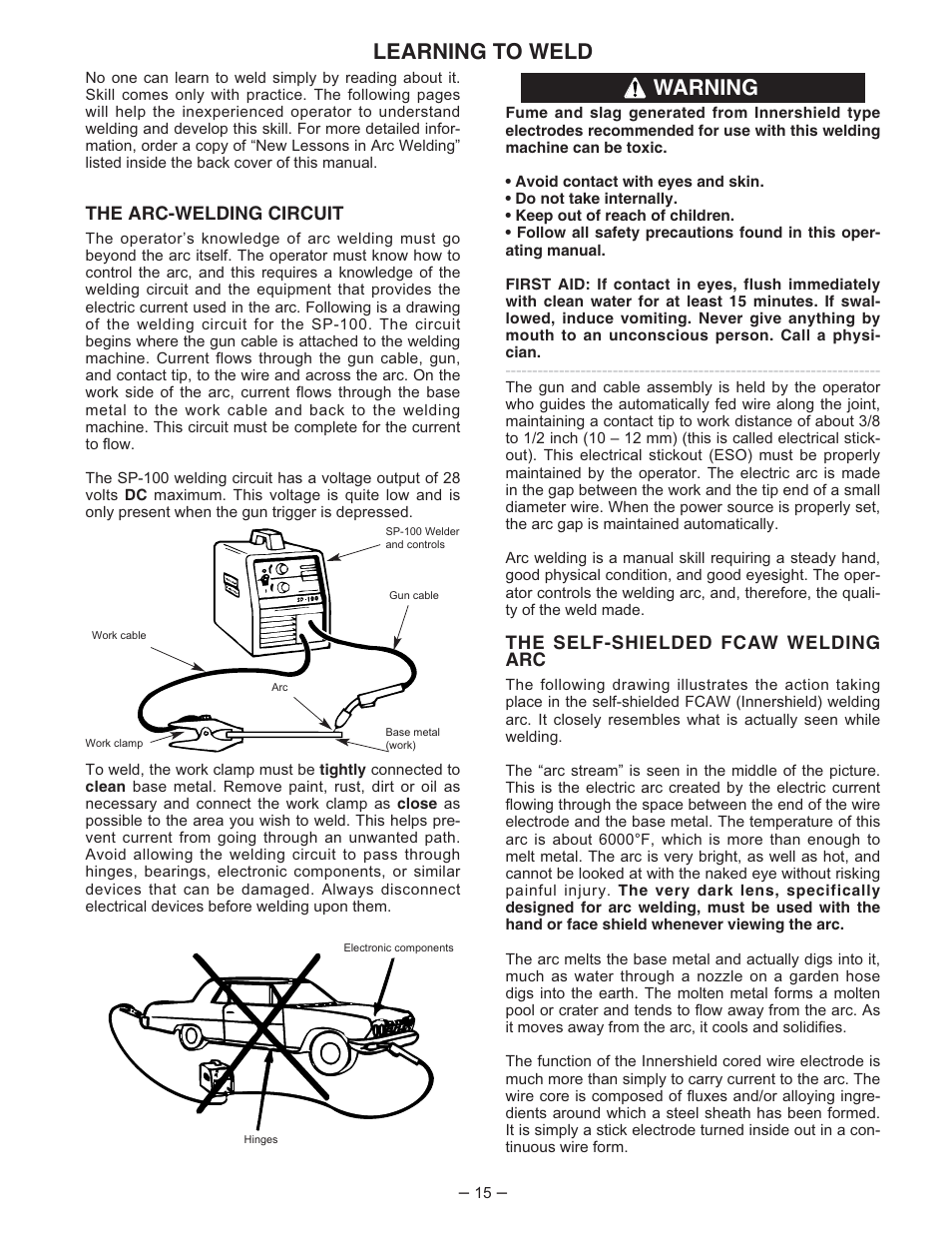 Learning to weld, Warning | Lincoln Electric IM366 SP-100 User Manual | Page 15 / 31