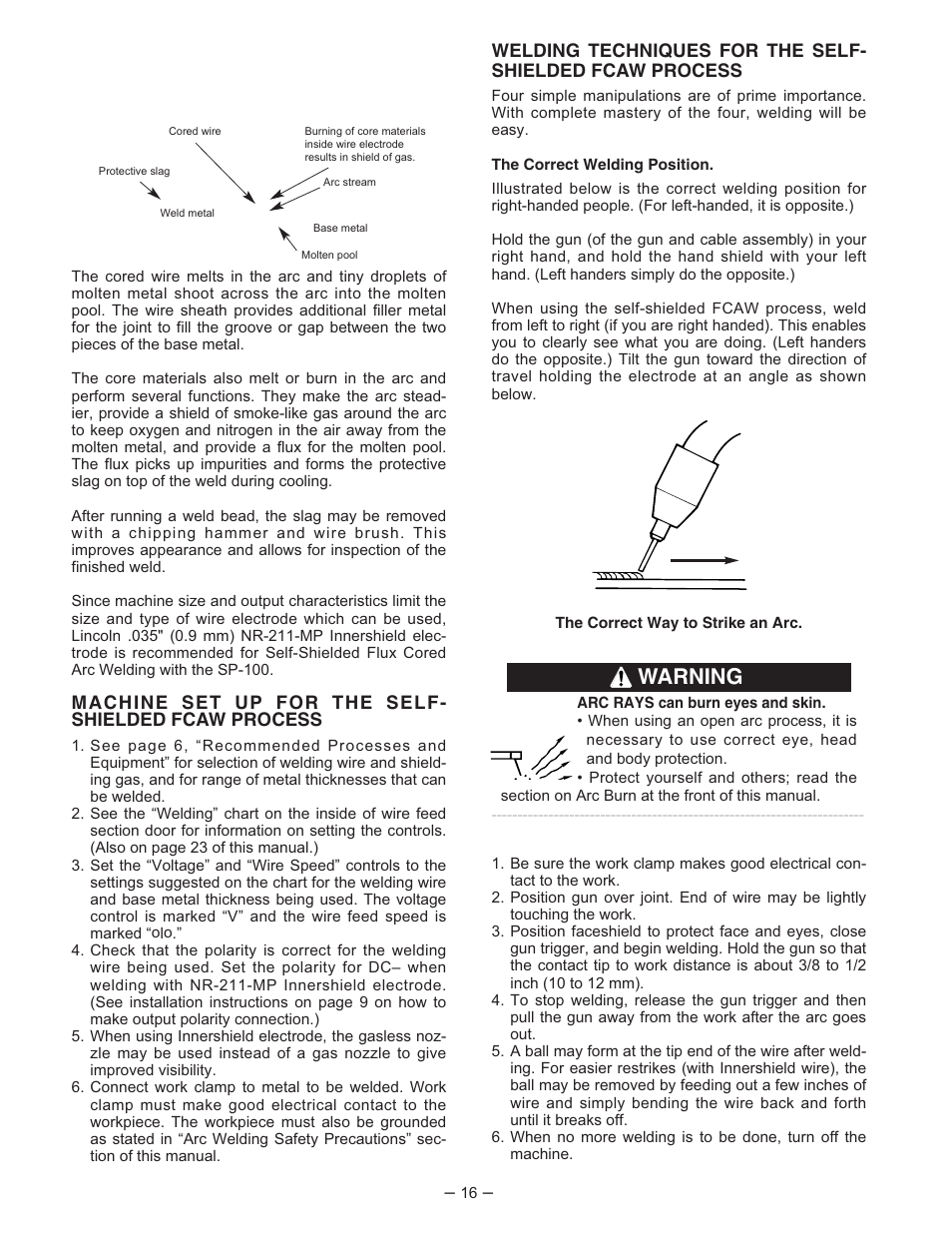 Warning | Lincoln Electric IM366 SP-100 User Manual | Page 16 / 31
