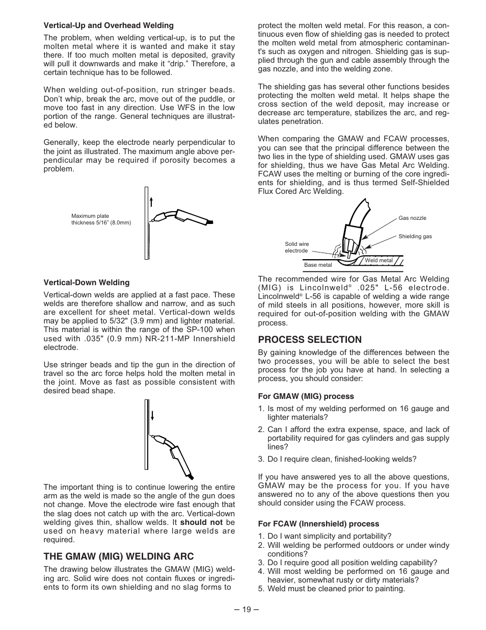 The gmaw (mig) welding arc, Process selection | Lincoln Electric IM366 SP-100 User Manual | Page 19 / 31