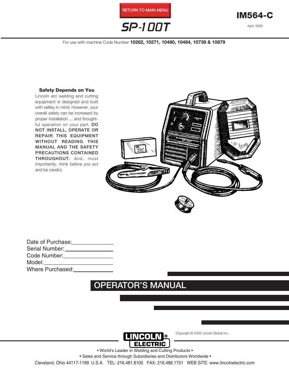 Lincoln Electric IM564 SP-100T User Manual | 48 pages