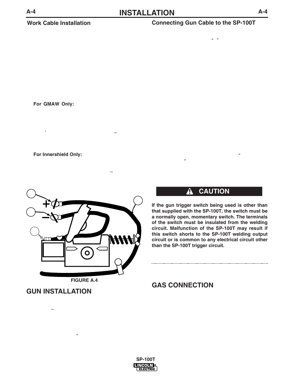 Installation, Gas connection, Gun installation | Caution | Lincoln Electric IM564 SP-100T User Manual | Page 11 / 48