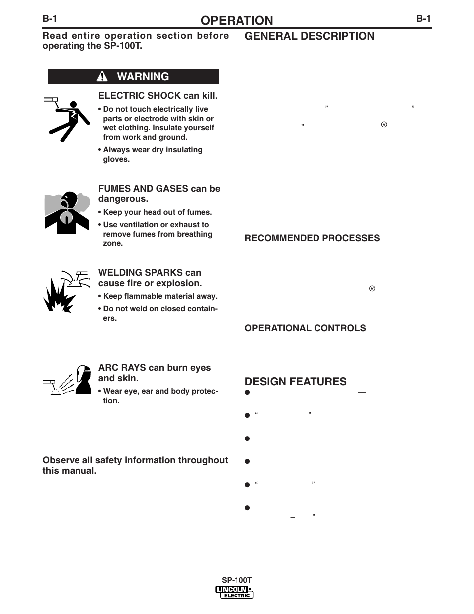 Operation, Warning general description, Design features | Lincoln Electric IM564 SP-100T User Manual | Page 14 / 48