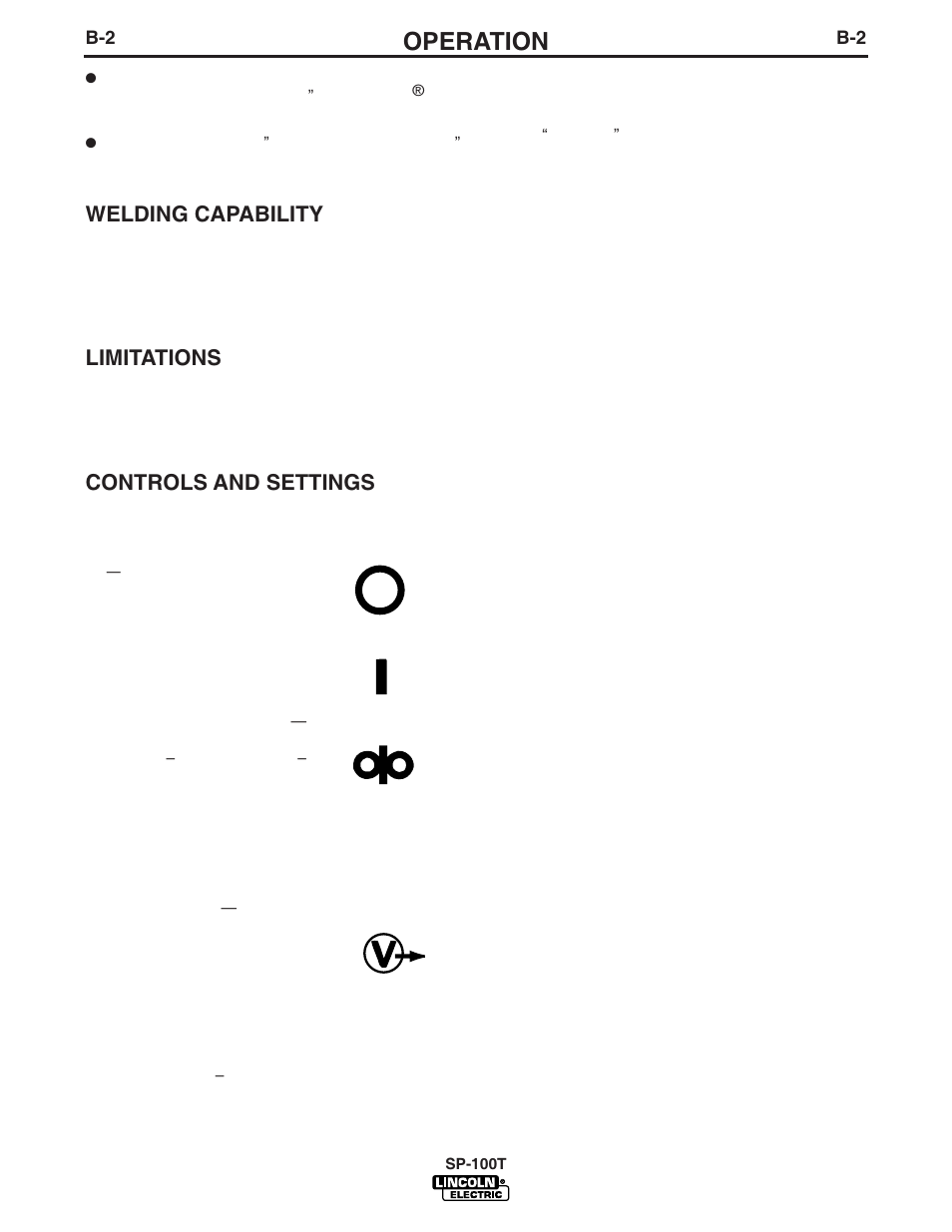 Operation, Off on arc volts wire speed, Welding capability | Limitations, Controls and settings | Lincoln Electric IM564 SP-100T User Manual | Page 15 / 48