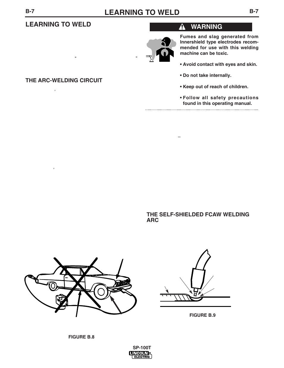 Learning to weld, Warning | Lincoln Electric IM564 SP-100T User Manual | Page 20 / 48