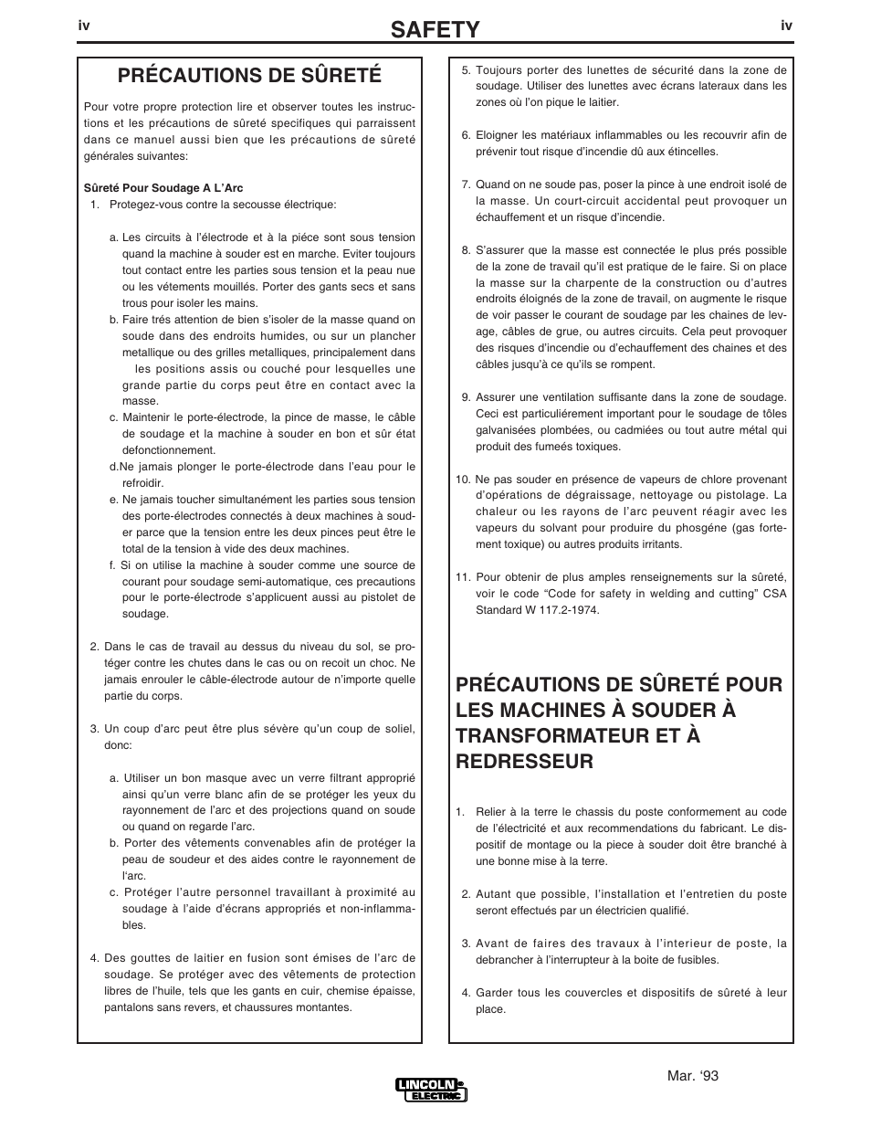 Safety, Précautions de sûreté | Lincoln Electric IM564 SP-100T User Manual | Page 5 / 48