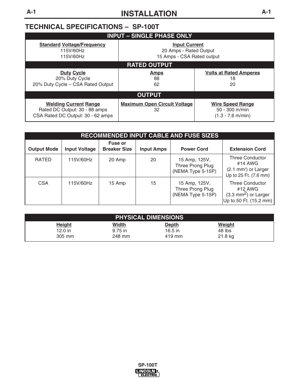 Installation, Technical specifications – sp-100t | Lincoln Electric IM564 SP-100T User Manual | Page 8 / 48